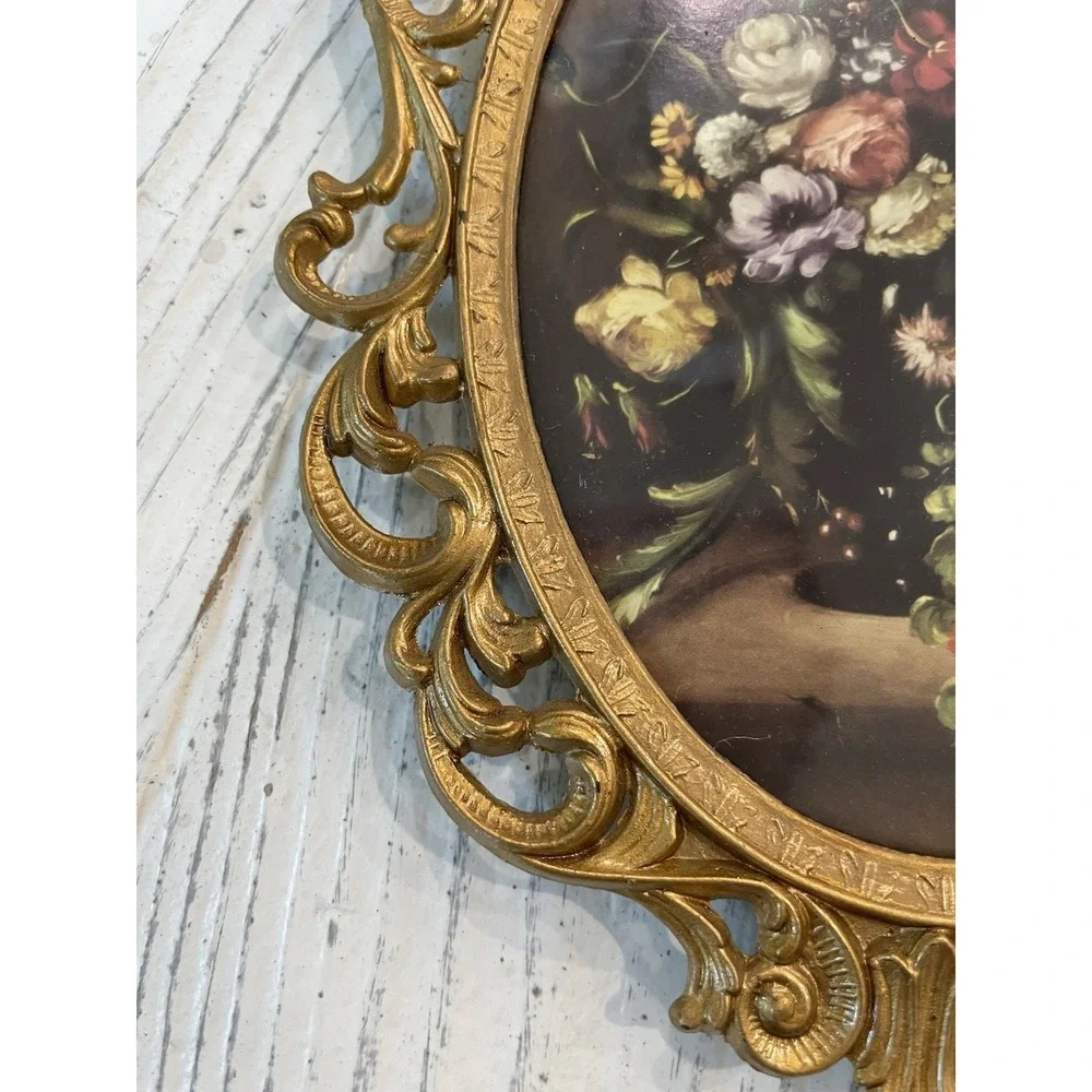 Pair (2) ‎ Vtg Italian Floral Print Ornate Brass Frame Convex Bubble Glass Italy